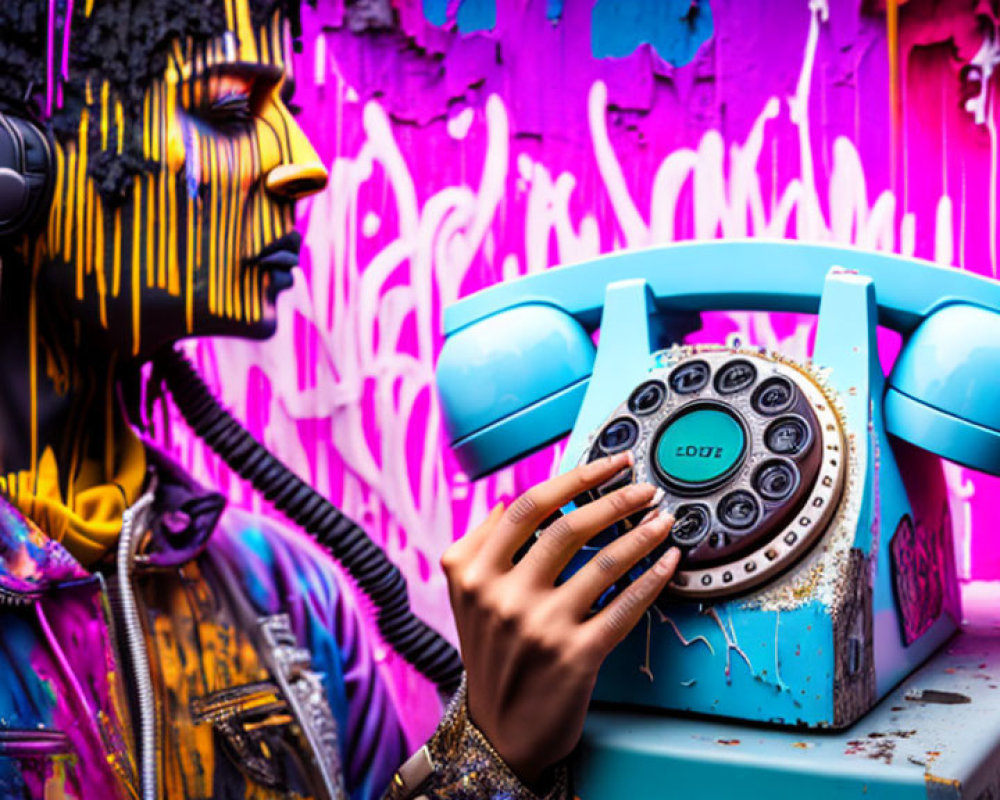 Colorful Makeup Portrait with Retro Phone on Graffiti Background