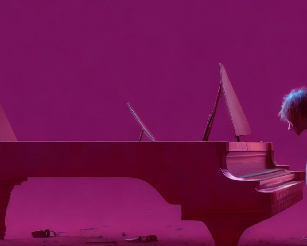 Child standing next to open grand piano under purple lighting