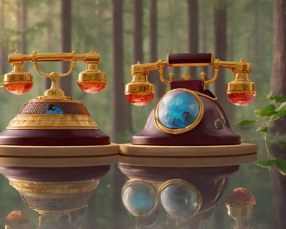 Vintage Telephone with Wooden Base and Golden Accents in Mystical Forest Setting