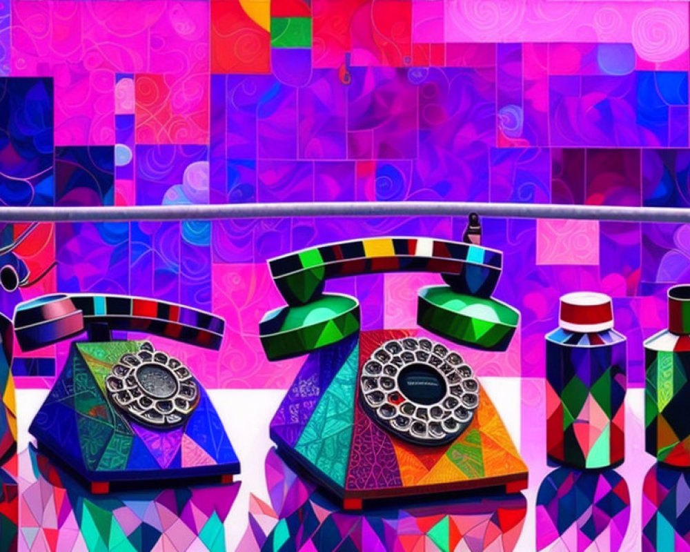 Vibrant digital artwork: vintage rotary telephones and vases on mosaic background