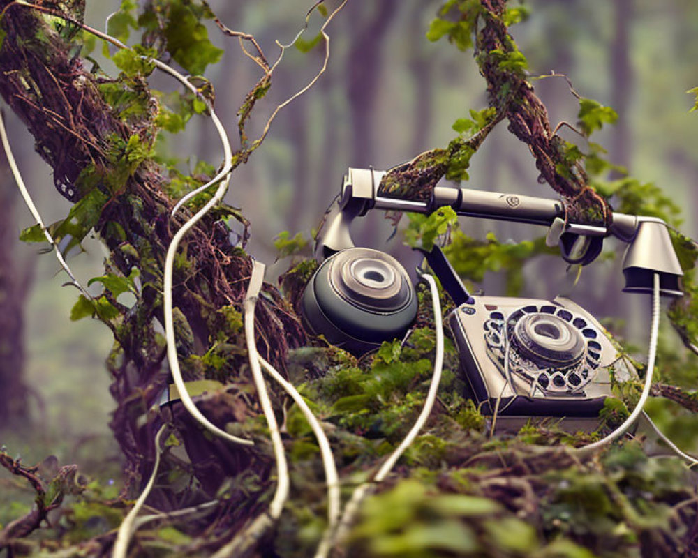 Vintage rotary phone surrounded by vines in forest setting