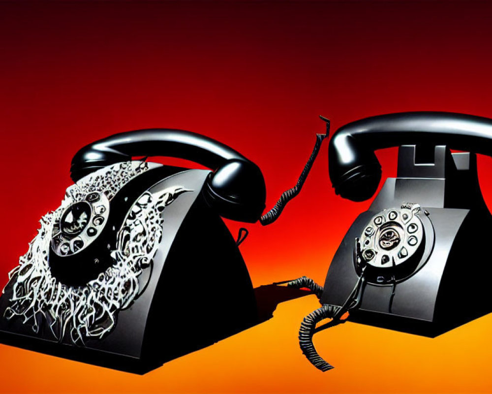 Vintage Rotary Phones with Lifted Handsets on Red-Orange Gradient Background