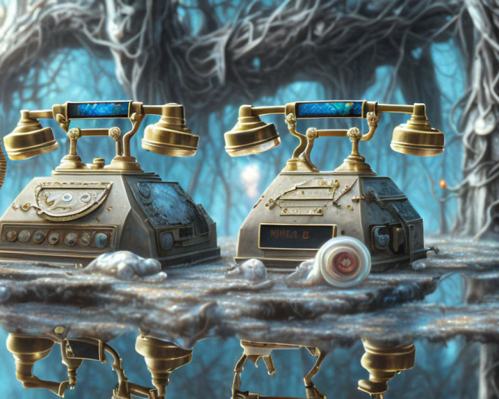 Vintage ornate telephones on frost-covered surface in mystical forest.