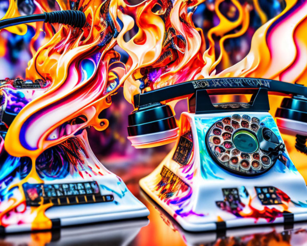 Colorful retro rotary telephone and keyboard with flame designs on fiery background