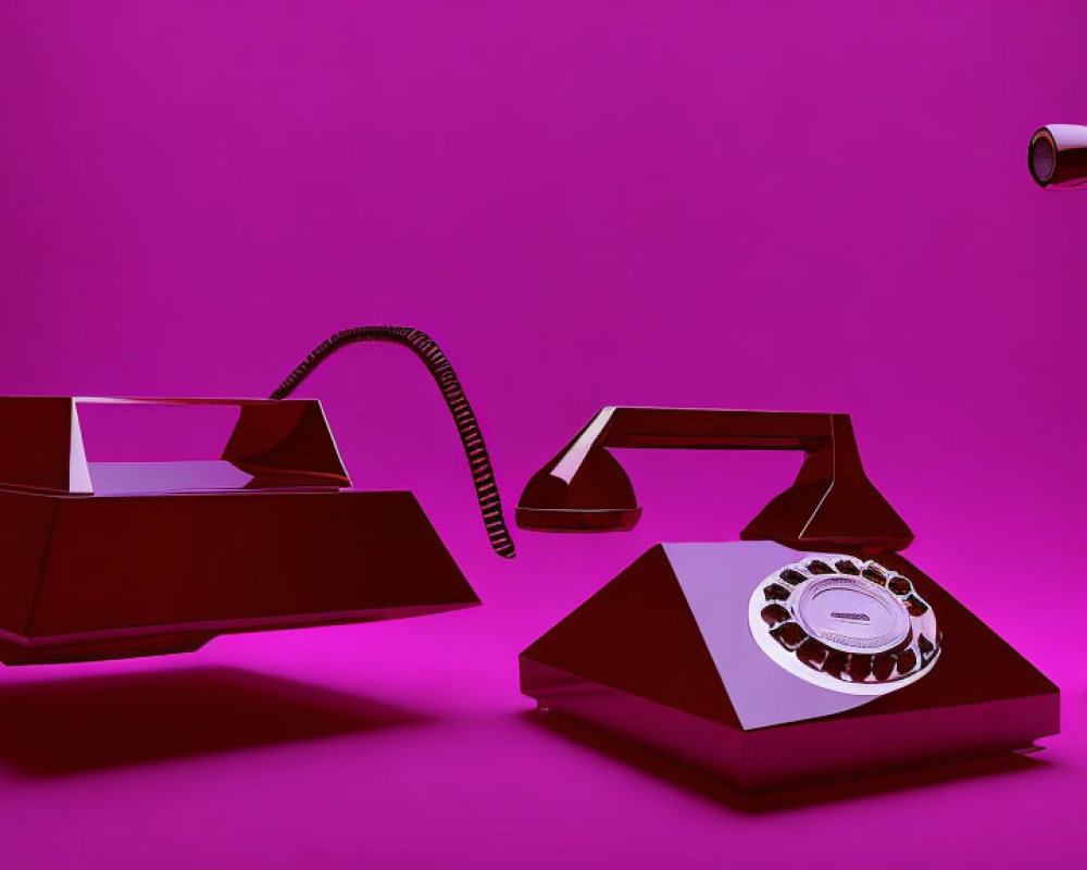 Vintage rotary phone and angular desk lamp on vibrant pink background