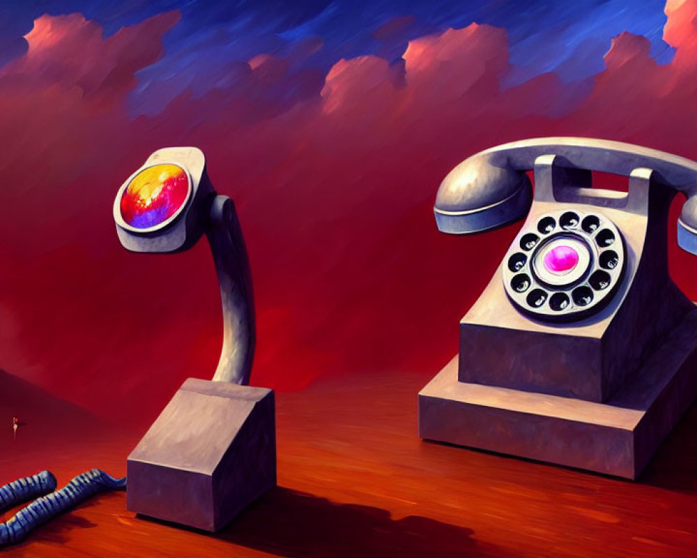 Vintage telephones on surreal red and purple backdrop