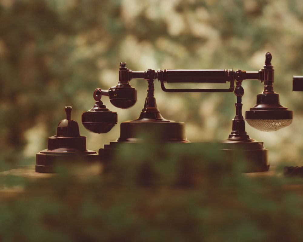 Vintage Telephone Resting on Wooden Surface with Blurry Green Foliage Background