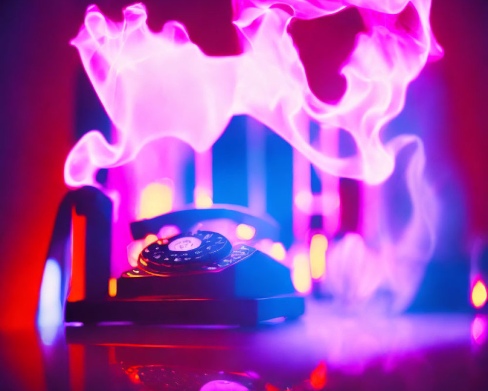 Vintage Rotary Phone Swirling in Purple and Blue Flames on Reddish-Pink Background