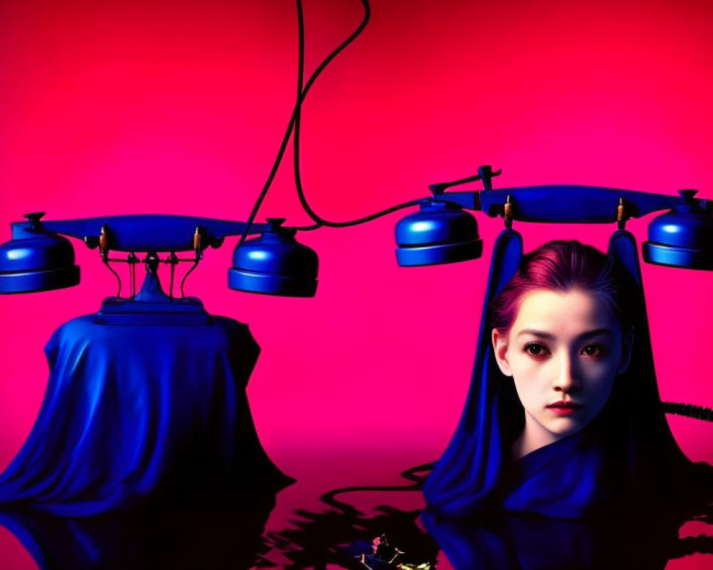 Woman with dramatic makeup posing with vintage telephones on pink backdrop