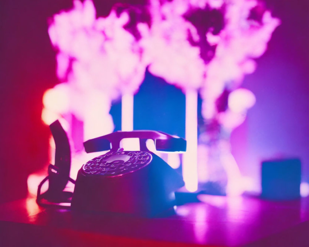 Vintage Rotary Phone with Purple and Pink Smoke Background