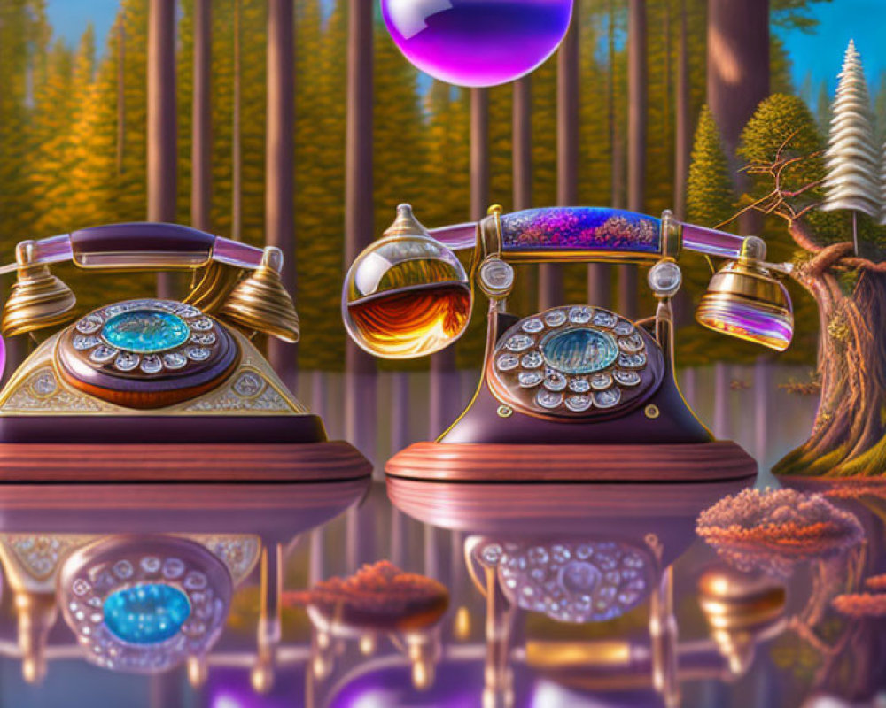 Vintage telephones in surreal forest with purple orbs and reflective surfaces