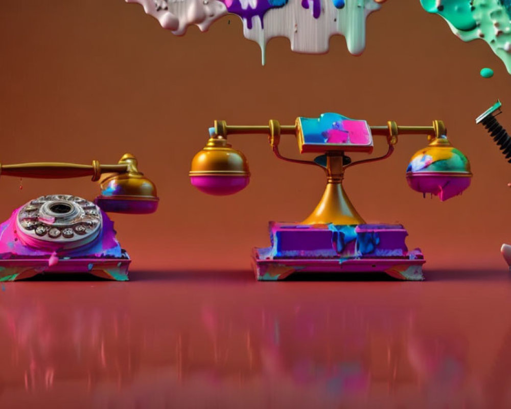 Colorful Vintage Telephones Melted in Paint on Reflective Surface