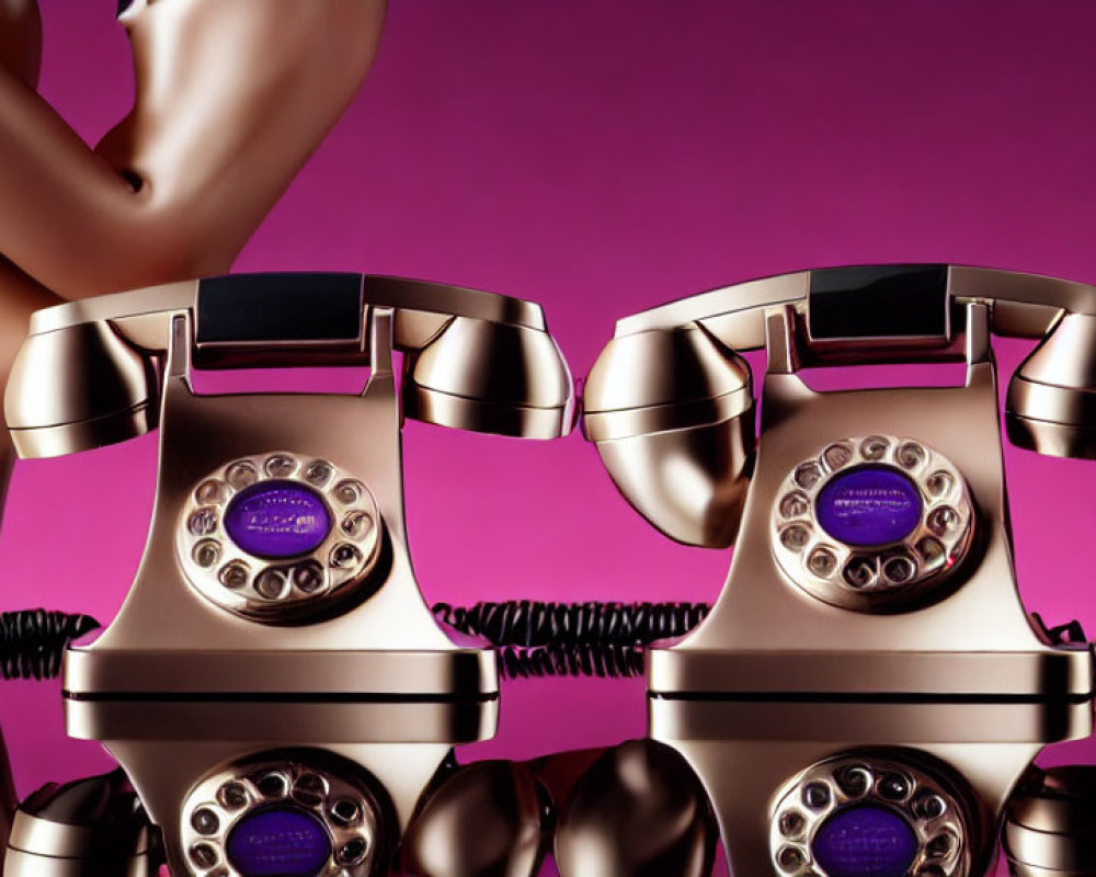 Retro Style Telephones with Lifted Handsets on Pink Background