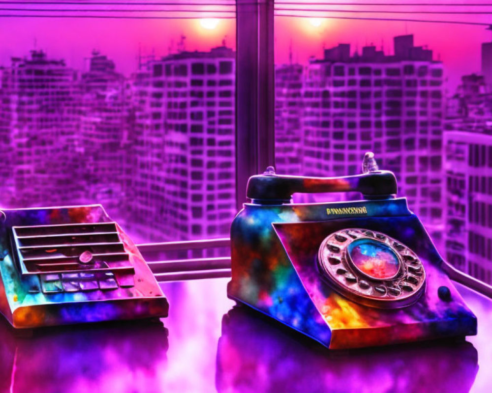 Vibrant retro rotary telephones in neon-lit cityscape at sunset