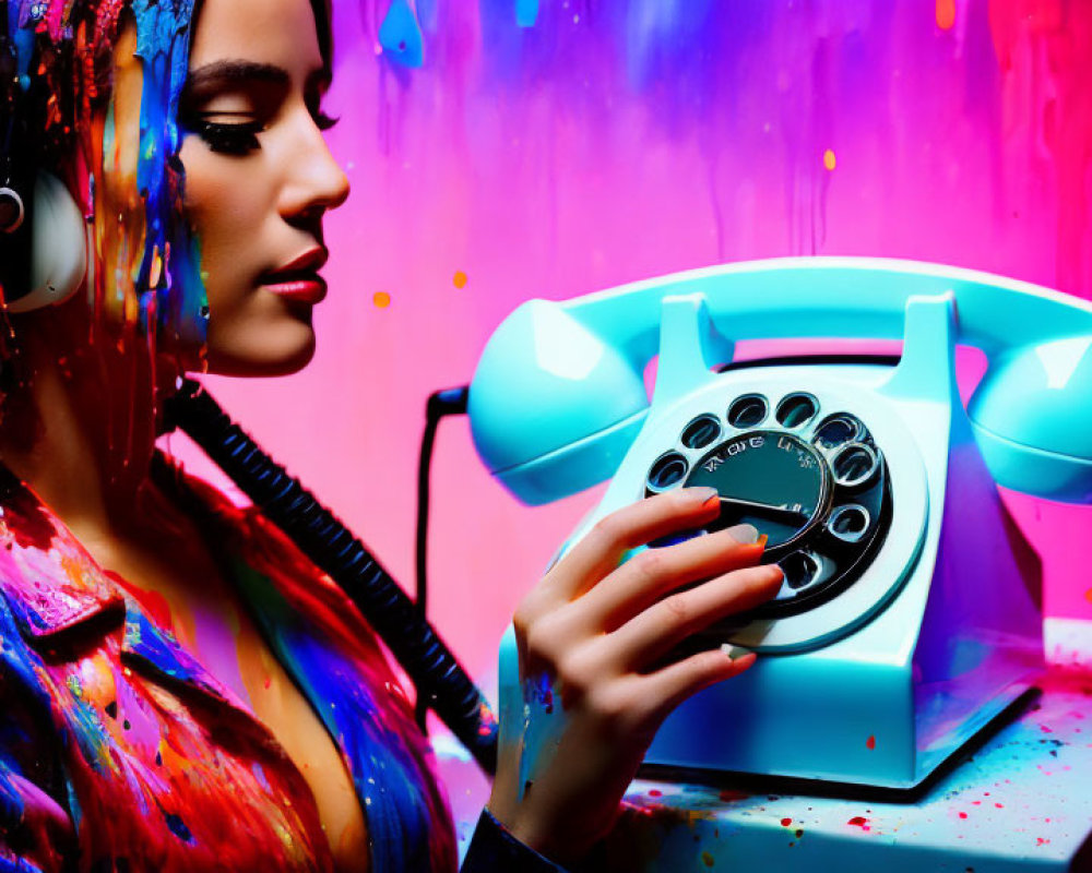 Colorful scene: Person in paint-splattered clothes dialing retro turquoise rotary phone.