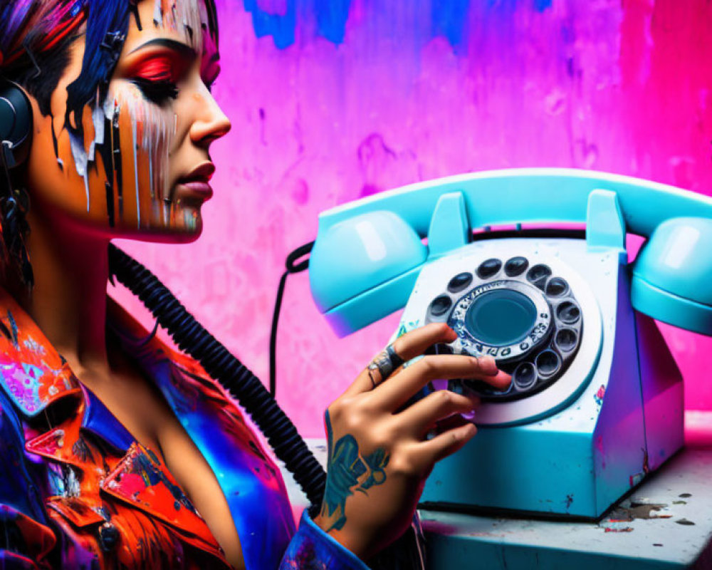 Colorful face paint woman with headphones and retro telephone on pink background