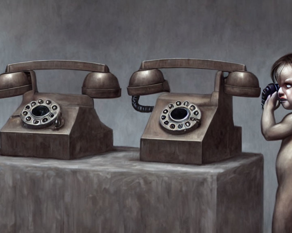 Surreal painting of child with oversized head on rotary phone