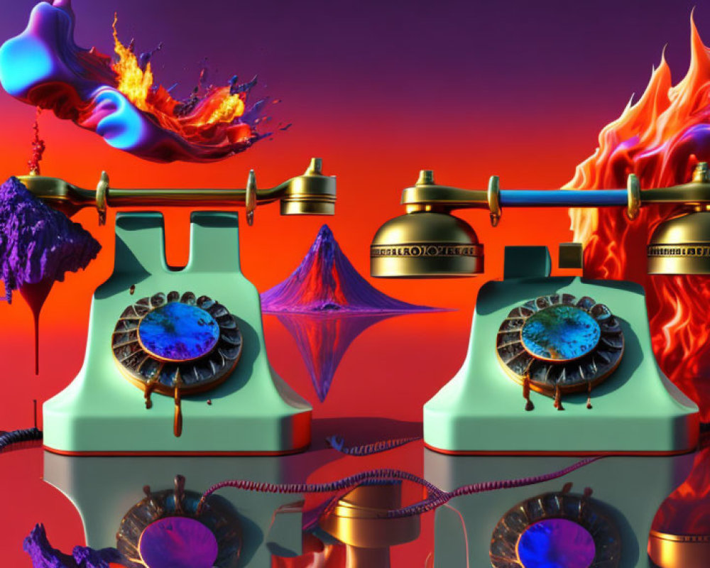 Vintage telephones on reflective surface with vibrant flames and melting objects