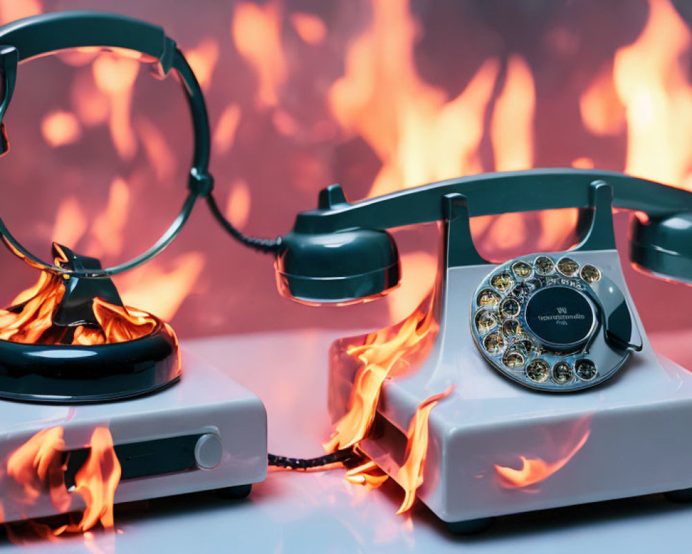 Vintage rotary telephone on fire against fiery background.