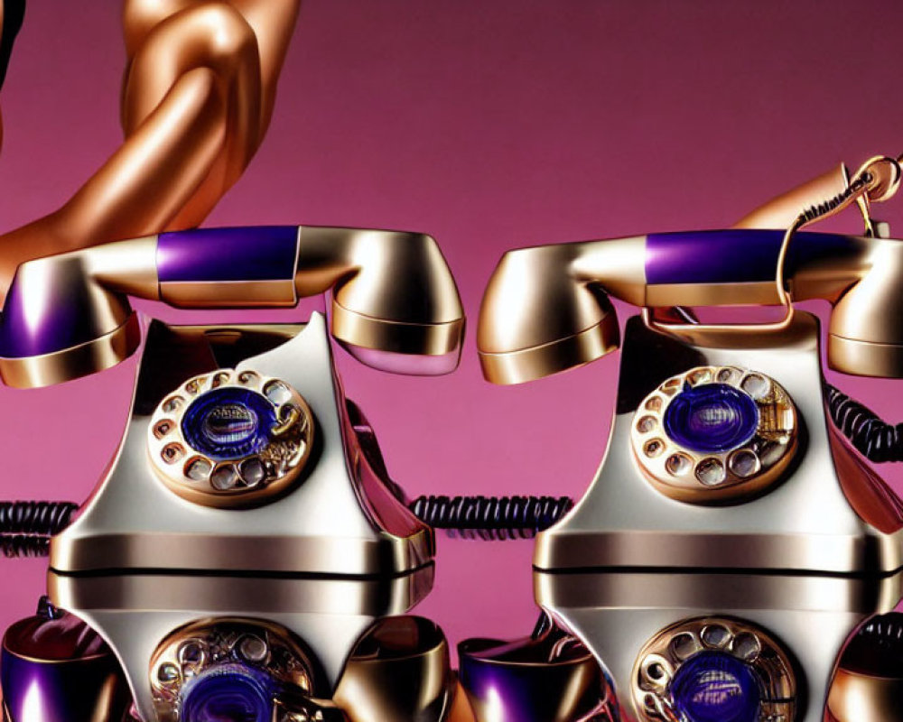 Vintage-style telephones with golden and purple accents on pink background with partial person view