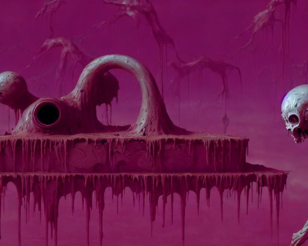 Surreal purple-hued backdrop with elongated figure and melting trumpet structure