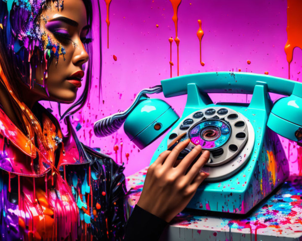 Colorful painting of woman with retro telephone in blue, pink, and yellow hues