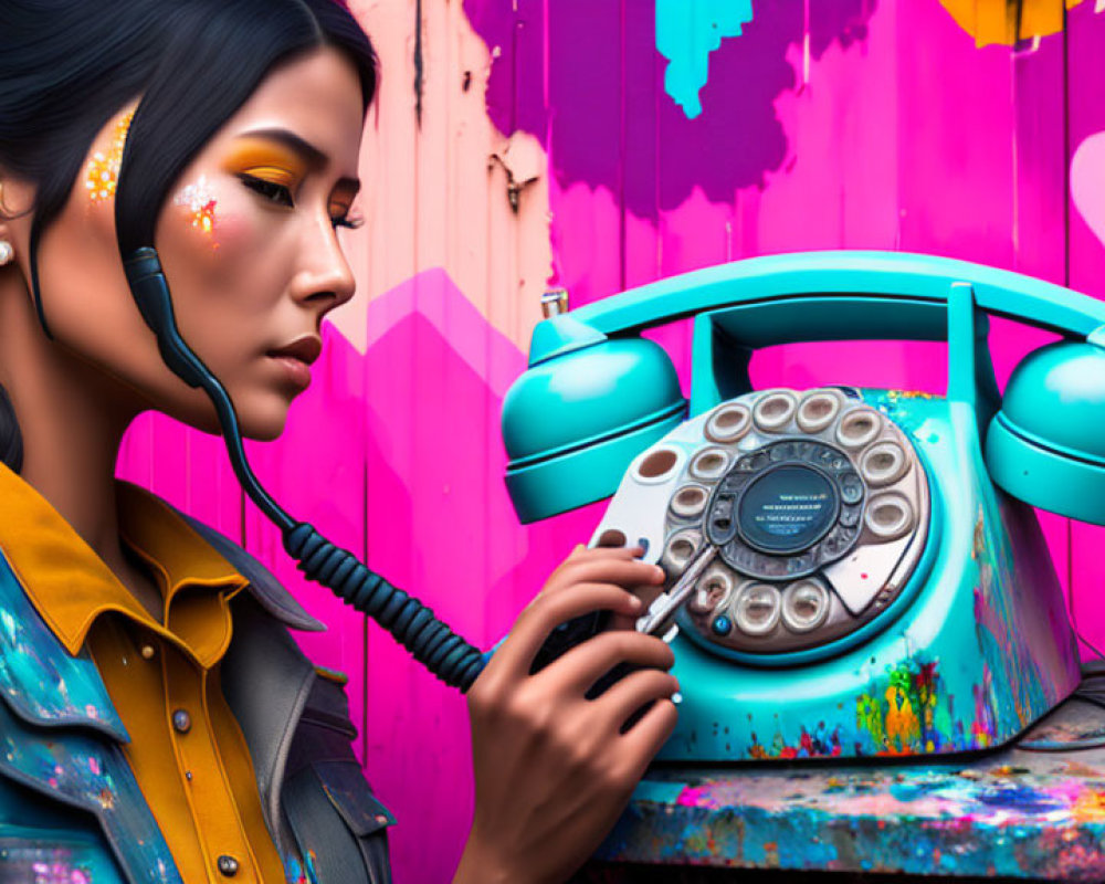 Woman with Braid and Colorful Makeup Talking on Vintage Turquoise Telephone in Graffiti Background