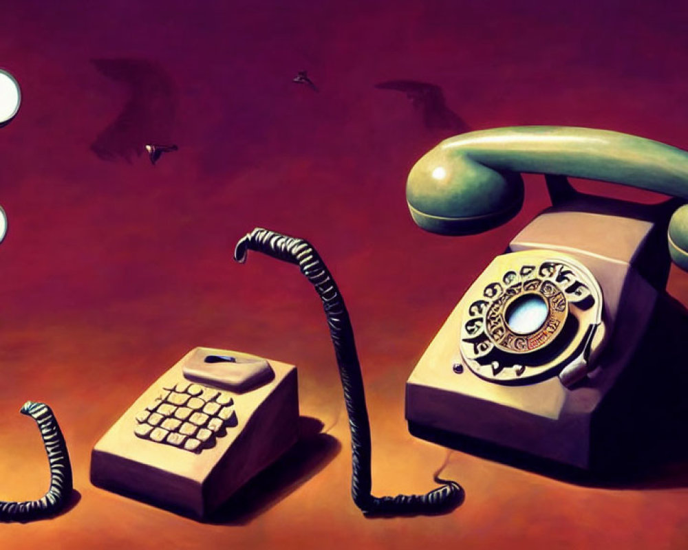 Surreal artwork with vintage telephone and modern calculator against amber backdrop