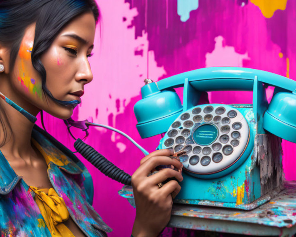 Colorful woman with paint on face holding blue rotary phone on vibrant background