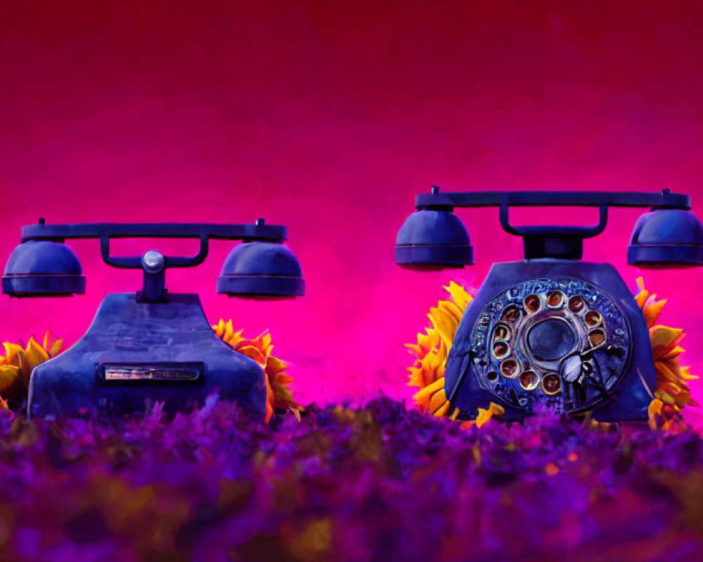 Vintage rotary telephones on bed of leaves with sunflowers under purple and pink lighting