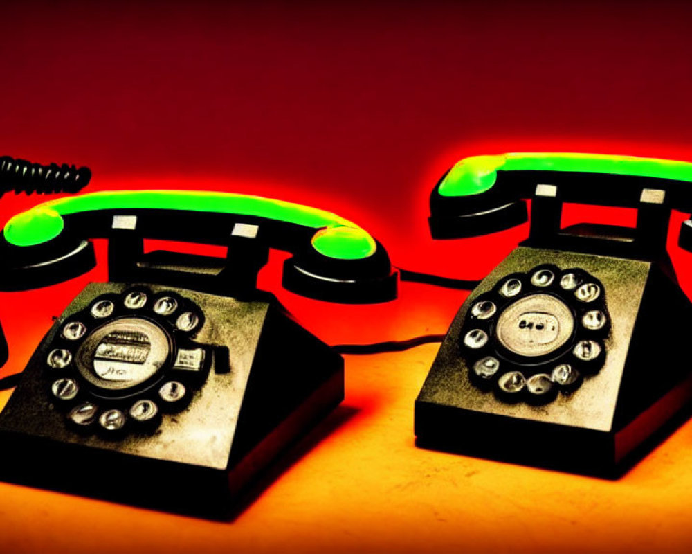 Vintage Rotary Dial Telephones with Illuminated Green Handsets on Red Background