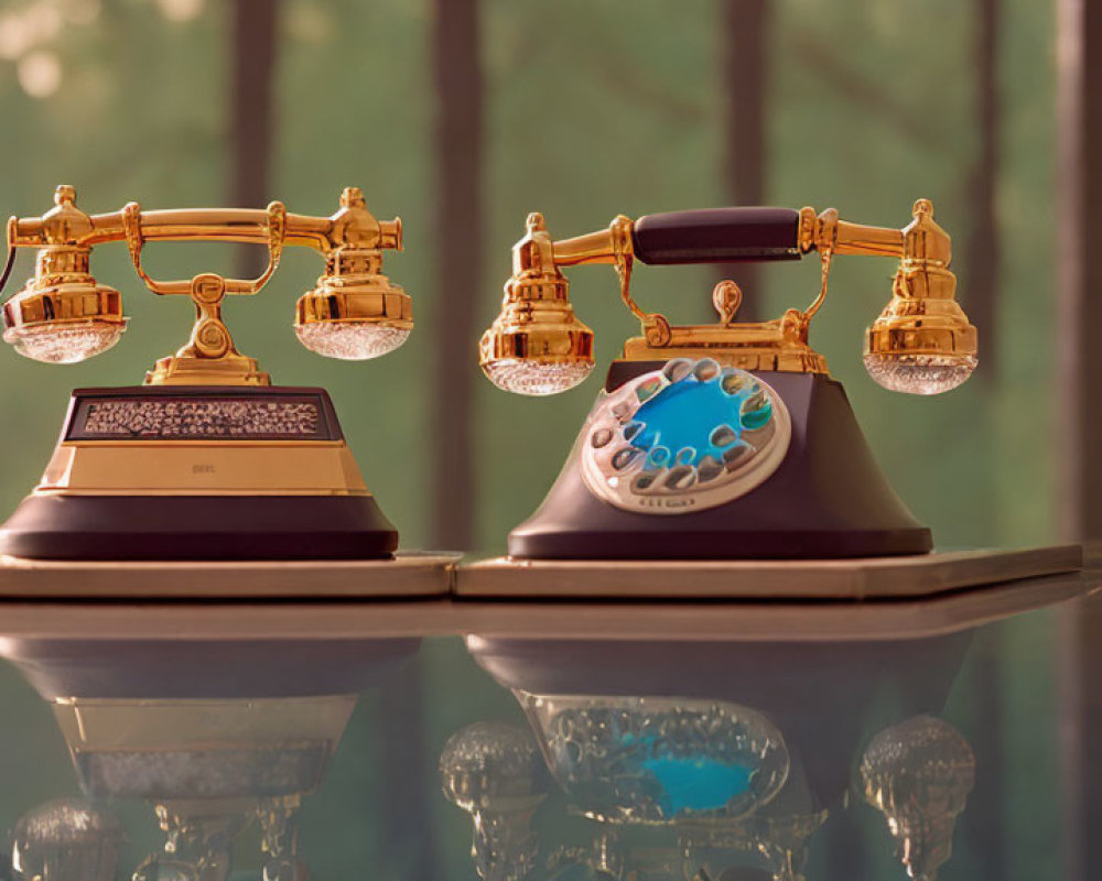 Vintage Rotary Telephone with Ornate Gold Accents on Reflective Surface