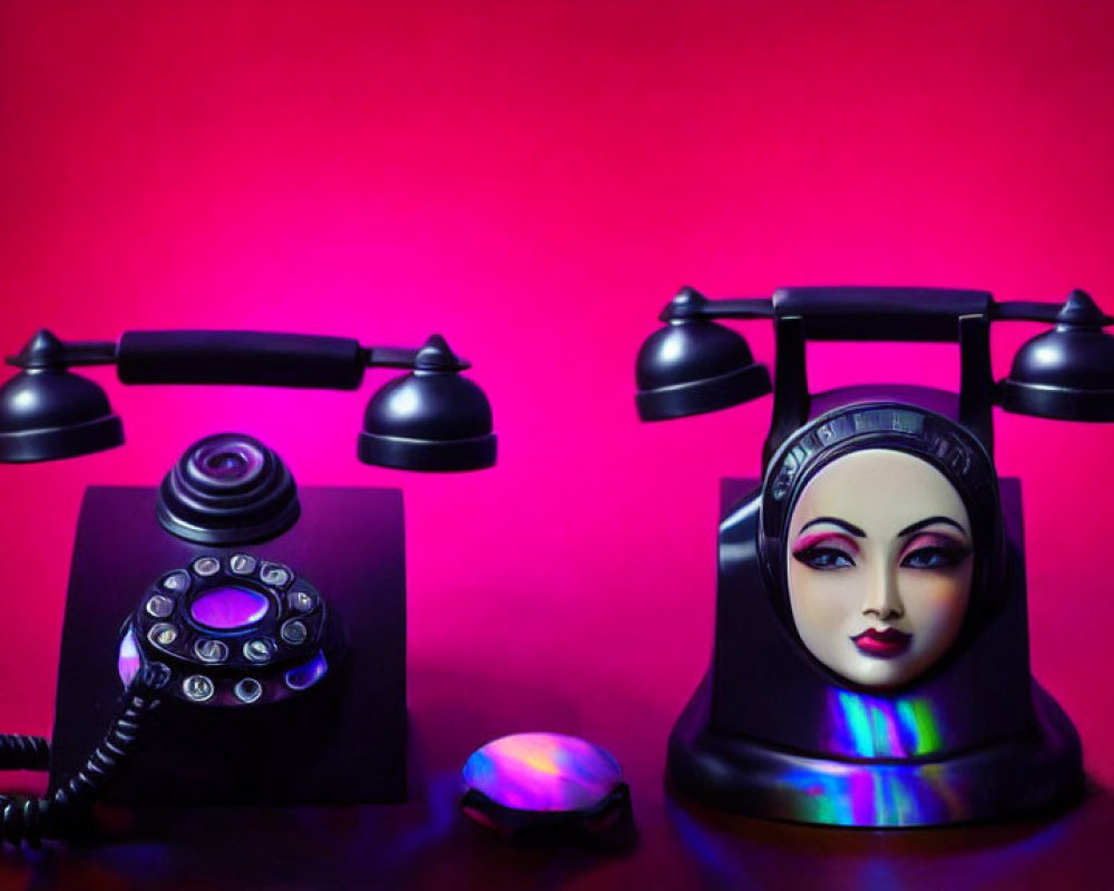 Vintage telephones with human face design on red and purple background