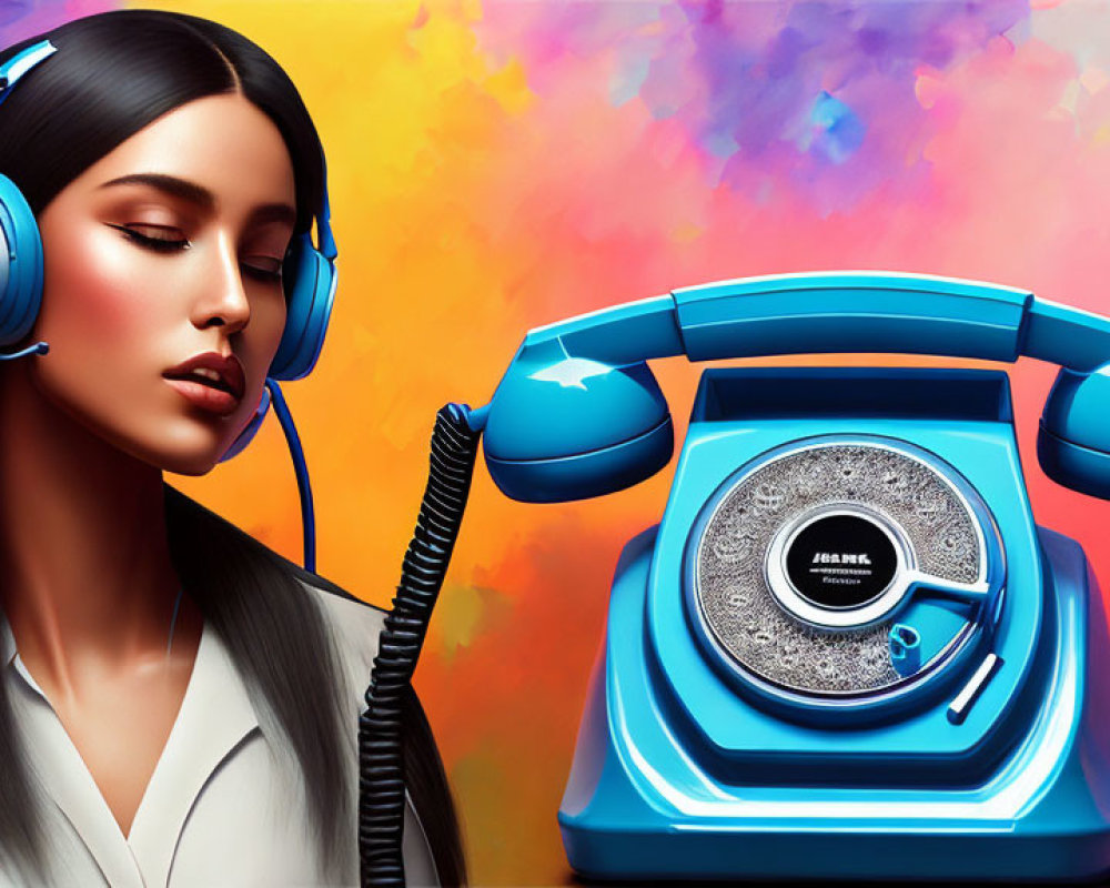 Woman with headphones listens to retro blue rotary phone on vibrant multicolored background