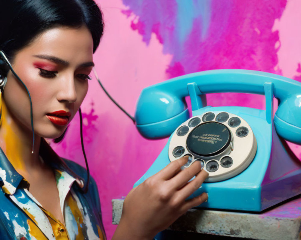 Woman with Red Lipstick Dialing Blue Rotary Phone on Paint-Splattered Background