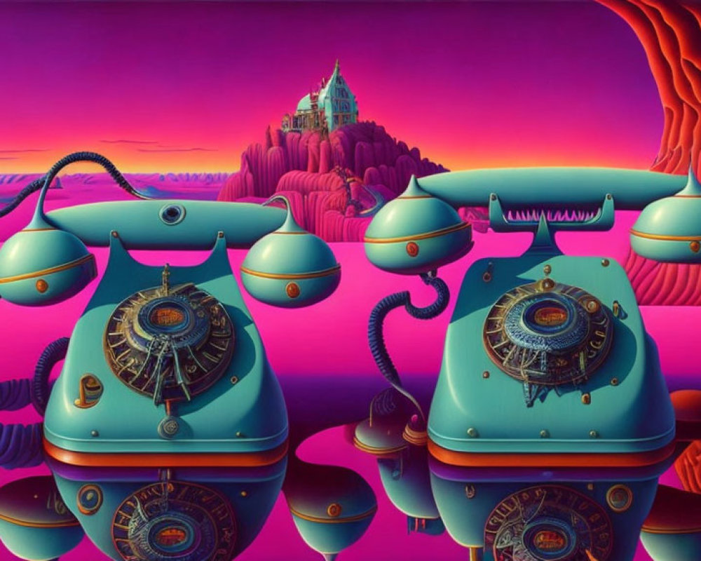 Vintage turquoise telephones in surreal pink and purple landscape with distant castle