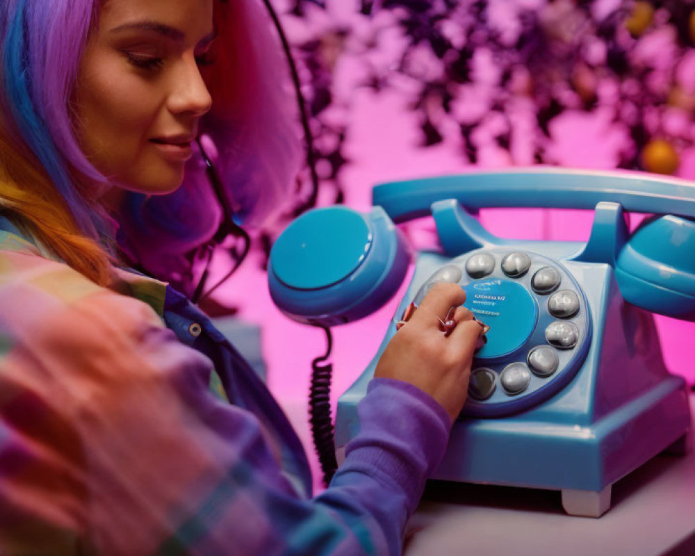 Rainbow-haired woman dialing retro blue rotary phone under pink neon lighting