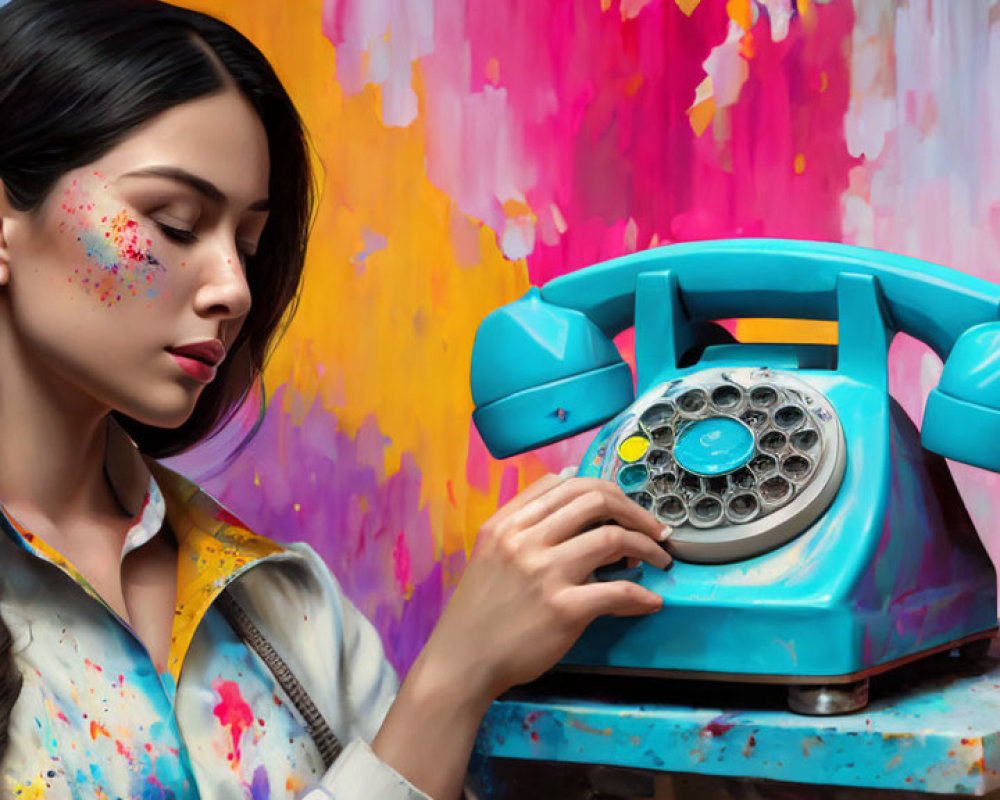 Braided Hairstyle Woman Dialing Vintage Turquoise Phone