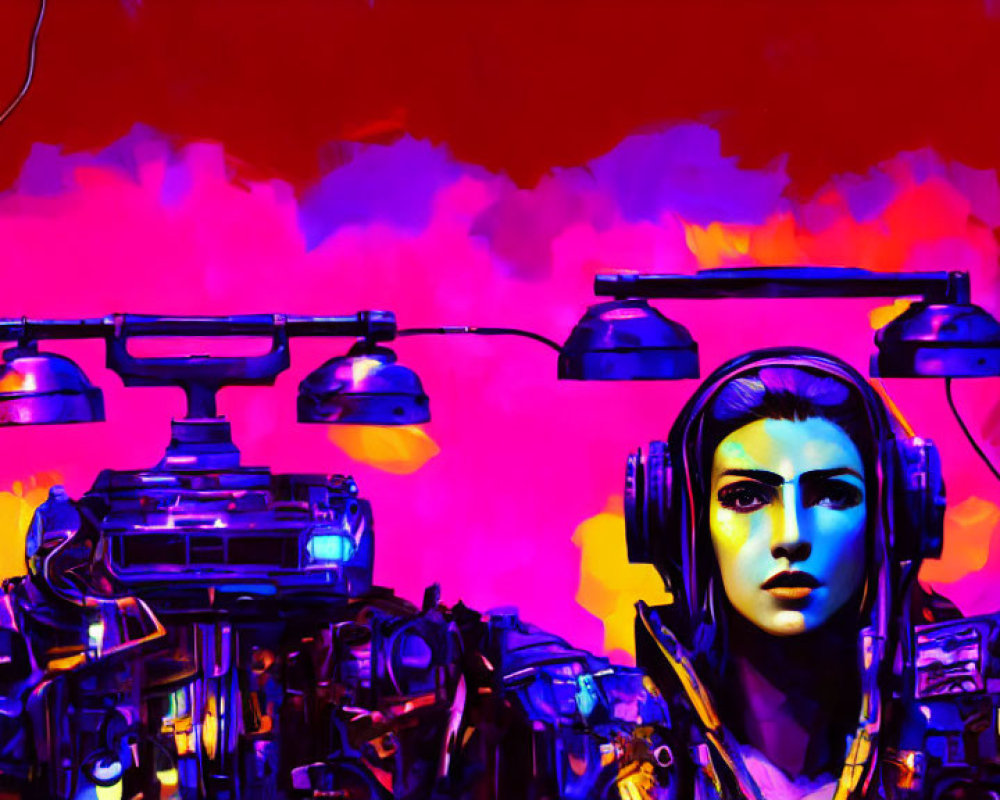 Colorful digital art: Female figure with headphones on neon pink backdrop with mechanical elements