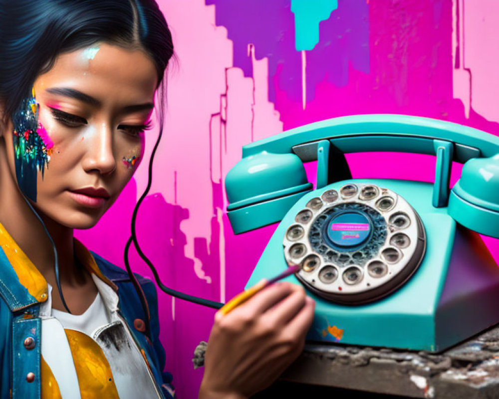 Creative makeup woman with vintage turquoise phone on vibrant graffiti backdrop