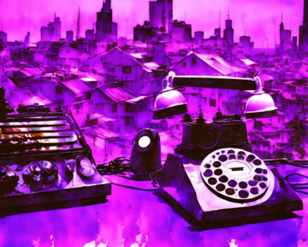 Stylized vintage communication gadgets in purple cityscape