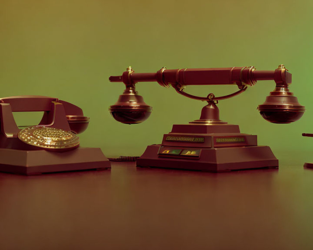 Assorted vintage telephones on green background