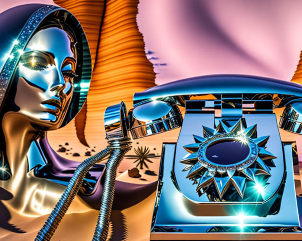 Surreal digital artwork: metallic female figure, luminescent telephone, desert dunes, purple