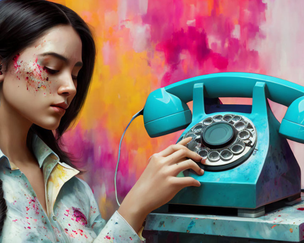 Woman with painted face dialing retro turquoise rotary phone on colorful abstract background