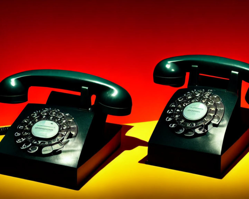 Vintage rotary dial telephones on yellow surface with lifted handset