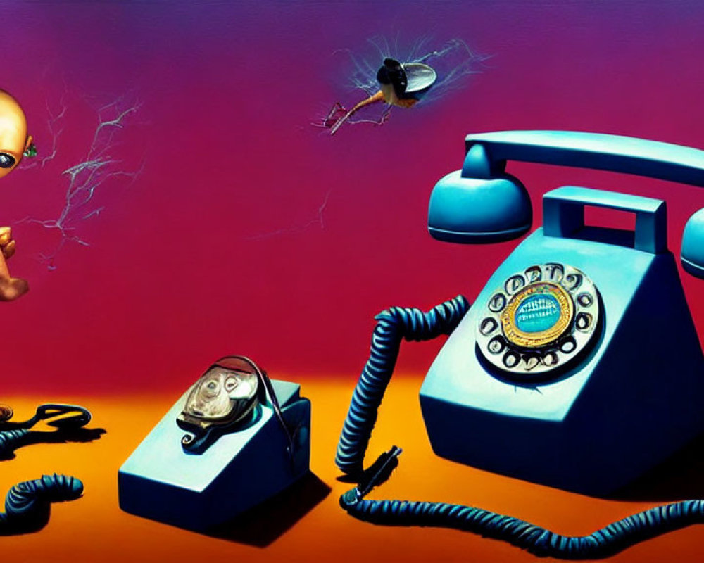 Surreal artwork with alien figure, vintage telephones, and buzzing fly