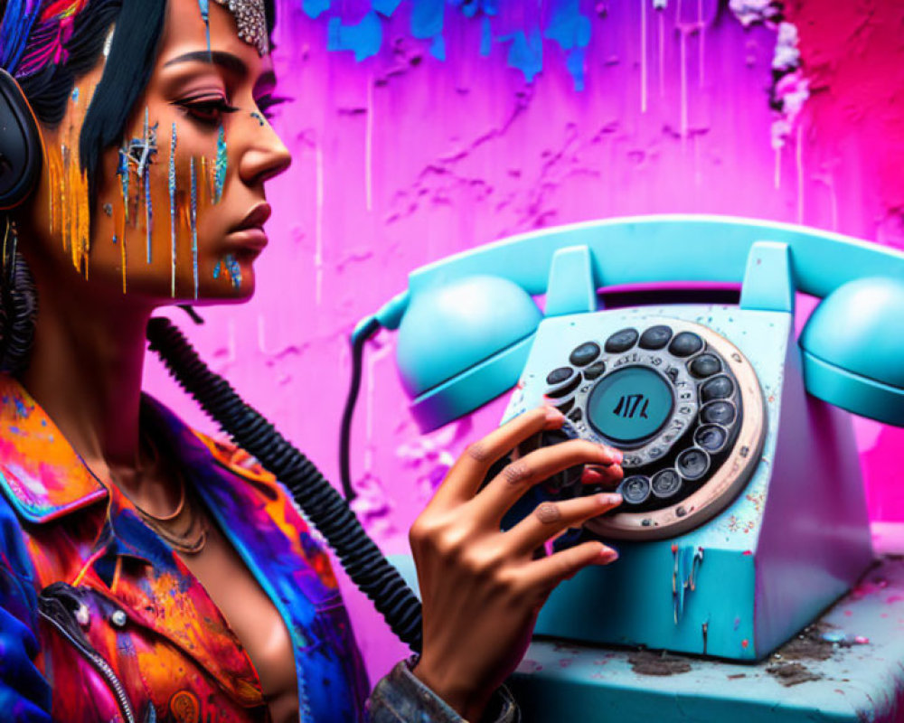 Colorful Makeup Woman Holding Retro Telephone Against Graffiti Background