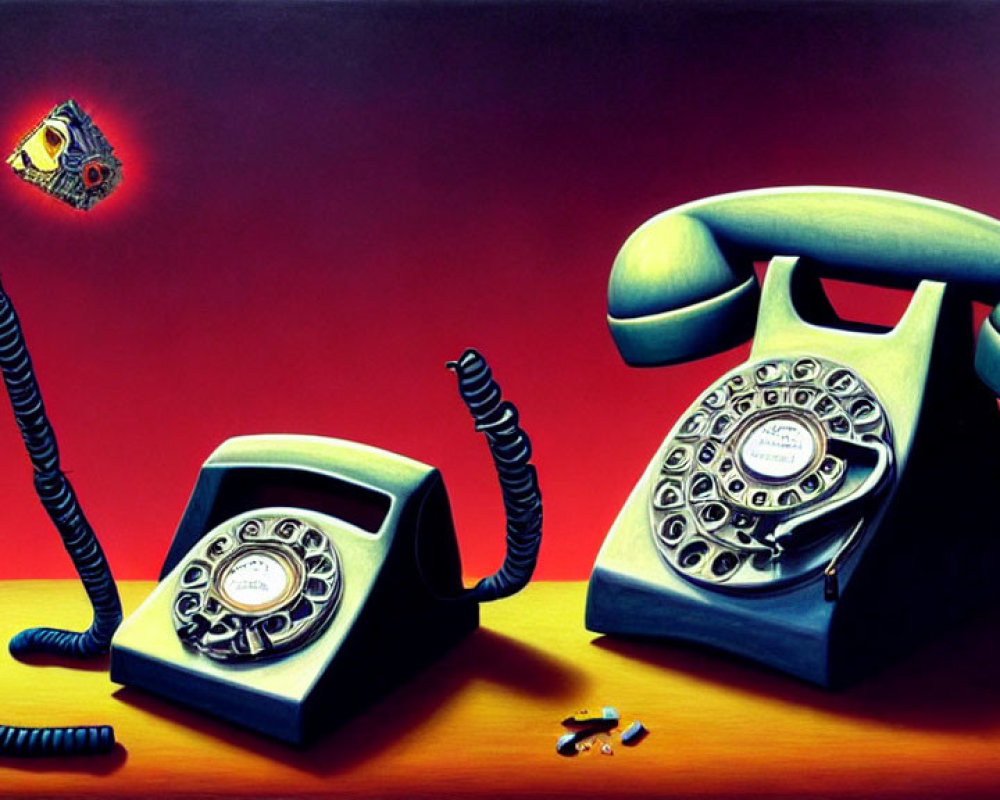 Vintage Surreal Art: Two Telephones on Wooden Surface