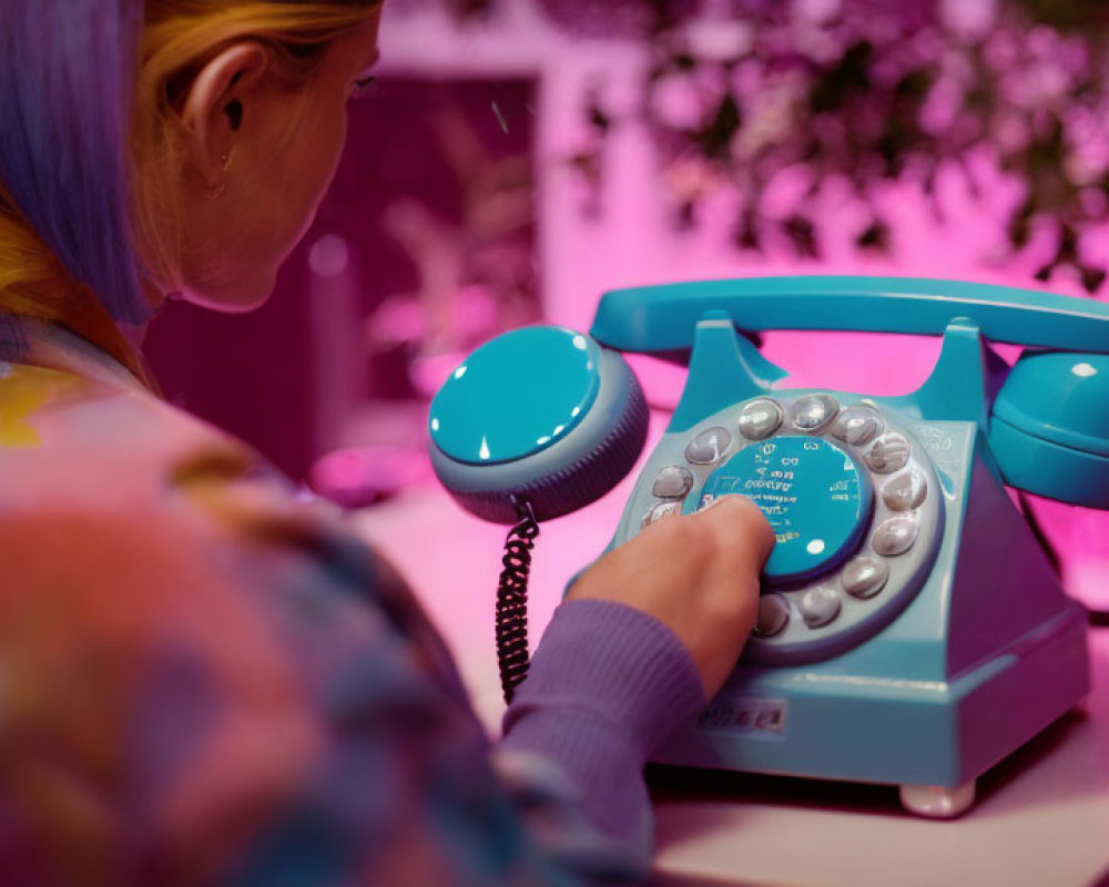 Woman dialing retro blue rotary phone under pink lighting