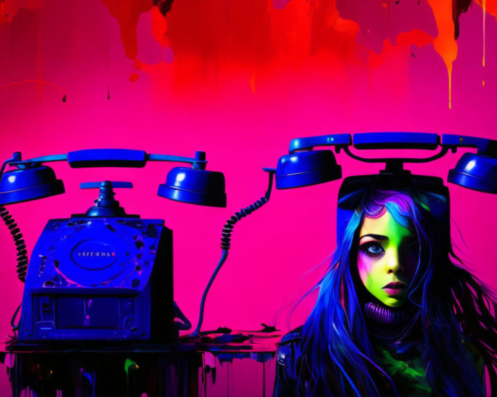 Colorful neon woman with telephone on head on magenta backdrop